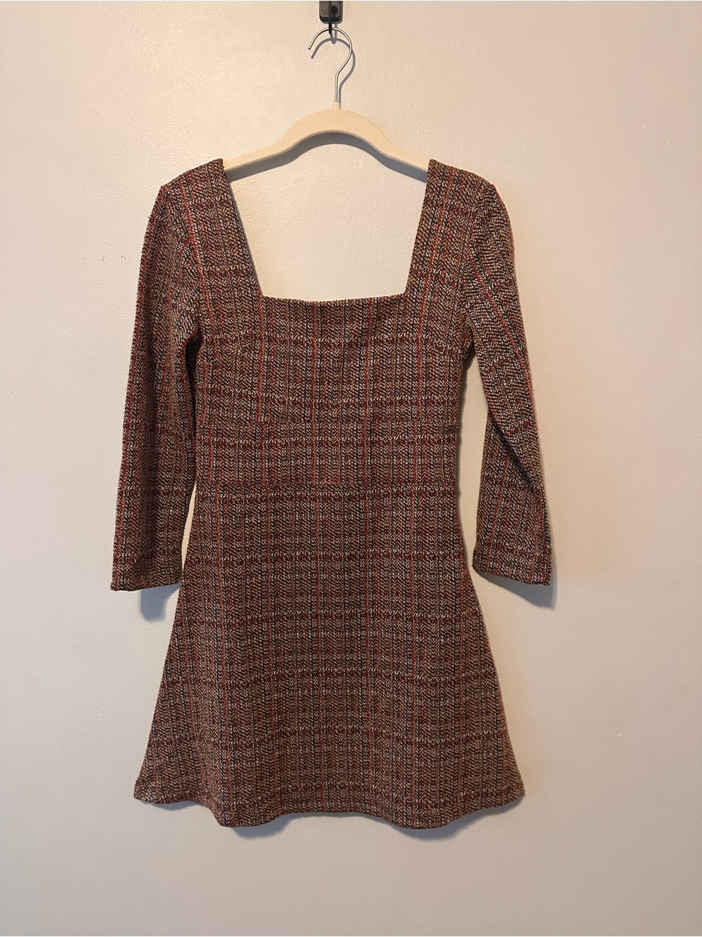 Free People Uptown Girl Tweed Square Neck Mini Dress Plaid Brown Red Size 2
